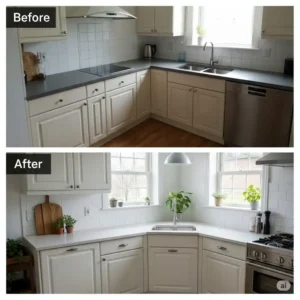 Before and after images demonstrating how the installation of a corner kitchen sink transformed a previously awkward kitchen space into a highly functional area.