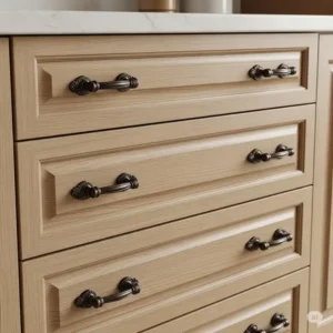 A set of stylish oil rubbed bronze drawer pulls on kitchen drawers, demonstrating how this durable hardware enhances kitchen aesthetics.

