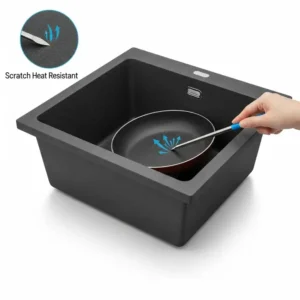 Durable granite composite one bowl kitchen sinks in a dark finish, illustrating its scratch and heat resistant properties.