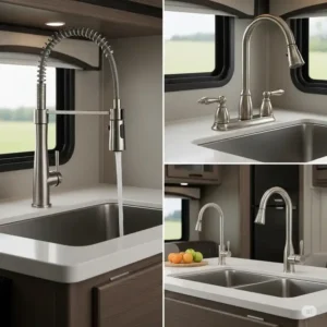 Different faucet options for an RV kitchen sink, such as pull-down, widespread, and single-handle designs.