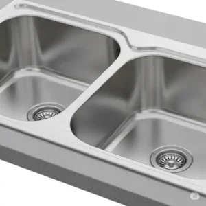 Close-up illustration of a durable stainless steel double bowl kitchen sink, emphasizing its easy-to-clean surface.