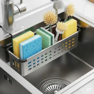 Durable stainless steel kitchen sink caddy holding sponges and brushes for easy access.