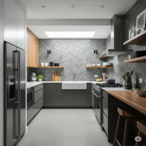 Contemporary kitchen highlighting a textured grey herringbone pattern backsplash, providing visual interest and depth.