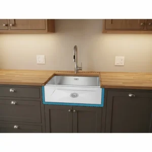Drawing of an undermount sink seamlessly integrated into a countertop in a galley kitchen design.