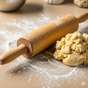 A classic wooden rolling pin resting on a floured surface next to a batch of cookie dough, ready for baking, highlighting its durability and essential use in the kitchen, a key piece of wooden kitchen gadgets.