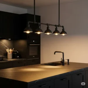 Industrial-style black kitchen lighting fixture hanging above an island, complementing the black kitchen hardware theme.