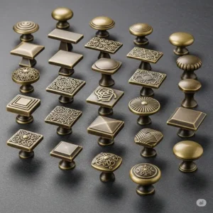 "Collection of various bronze kitchen knobs in different shapes and finishes, showcasing the diverse options available for cabinet and drawer hardware."
