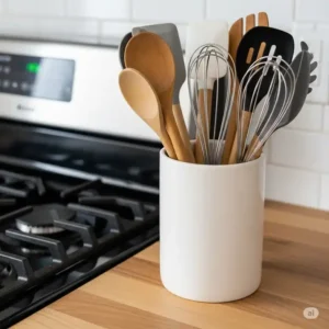 A practical ceramic kitchen utensil holder conveniently placed next to a stovetop, keeping cooking tools easily accessible while preparing meals.