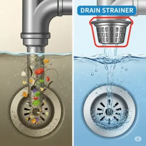 Side-by-side illustration comparing a clogged kitchen drain with a clean drain, highlighting the preventative benefits of using a drain strainer kitchen.