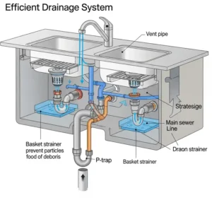 Diagram illustrating the efficient drainage system and basket strainers in a double bowl kitchen sink.