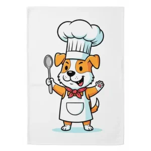 Adorable illustration of a funny kitchen towel depicting a dog dressed as a chef, comically holding a spoon.