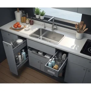 Concept art showing smart storage solutions around a galley kitchen sink, such as pull-out organizers.