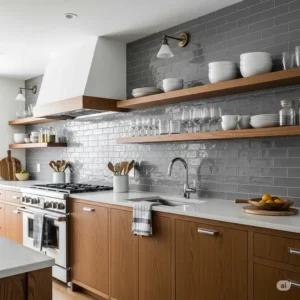 Kitchen design incorporating a grey subway tile backsplash alongside warm wooden shelves and cabinetry, blending modern with natural elements.