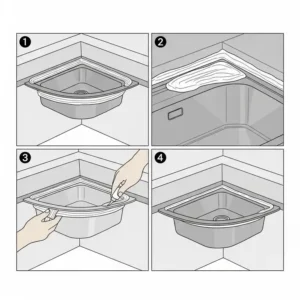 Step-by-step illustration showing a key stage in the installation process for a new kitchen corner sink, emphasizing proper sealing and fitting.