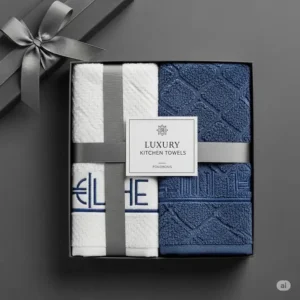A beautifully packaged set of luxury kitchen towels, perfect as a thoughtful gift for home chefs or new homeowners.