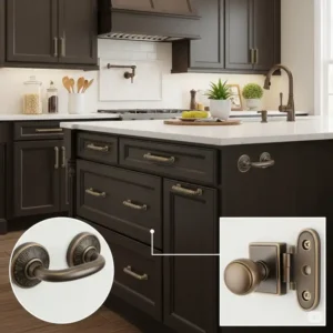 Oil rubbed bronze kitchen hardware contrasting beautifully against dark espresso-colored kitchen cabinets, creating a sophisticated look.
