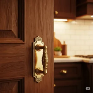 Grand antique brass handle on a pantry door, adding a touch of vintage charm to antique brass kitchen hardware.