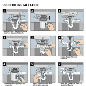 Visual guide illustrating the proper installation and connection of a garbage disposal unit to parts of a kitchen sink drain.