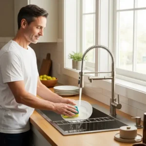Person comfortably washing dishes in a spacious kitchen sink and faucet combo, highlighting ease of use and functionality.