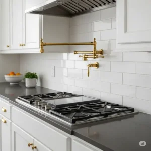 "Convenient wall-mounted brass pot filler above a stovetop, demonstrating practical and stylish brass kitchen hardware for culinary enthusiasts."
