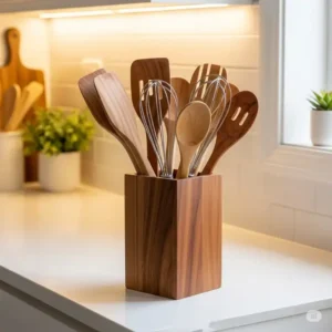 A stylish wooden utensil holder filled with various wooden kitchen gadgets like spatulas, whisks, and spoons, neatly organized on a kitchen counter.
