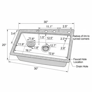 Detailed diagram outlining the precise dimensions of a standard 30 kitchen sink for accurate planning and installation.