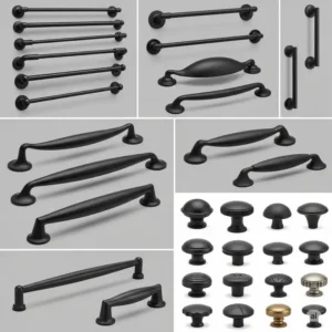 Collage showcasing various styles of black kitchen cabinet pulls including bar, cup, and knob designs.
