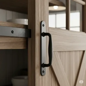 Rustic black hardware on a sliding pantry door, offering a functional and stylish element of black kitchen hardware in a farmhouse kitchen.