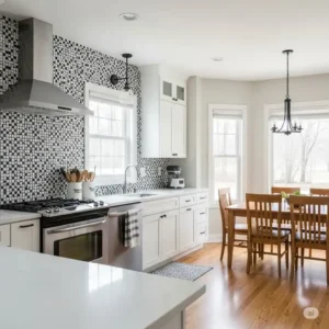 Bright kitchen with crisp white cabinets and a contrasting black and white mosaic tile backsplash, enhancing the overall aesthetic.