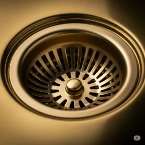 "Close-up of a gleaming brass kitchen sink drain and strainer, an often overlooked but essential piece of functional brass kitchen hardware."