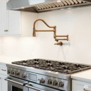 "A wall-mounted bronze pot filler above a professional range, emphasizing the utility and decorative appeal of bronze kitchen hardware in a functional cooking area."