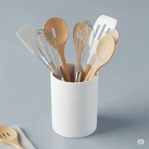 A clean ceramic kitchen utensil holder, highlighting its non-porous surface that makes it simple to wipe clean.