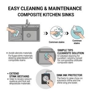 Infographic providing simple cleaning and maintenance tips for composite kitchen sinks.