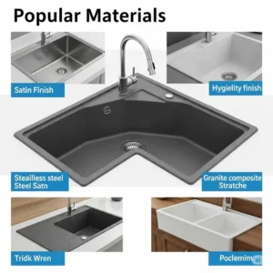 Visual guide to popular materials for kitchen corner sinks, including durable stainless steel, elegant granite composite, and classic porcelain options.