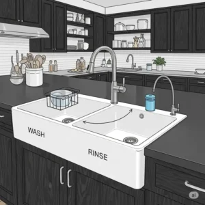 Illustration of a functional double-bowl sink, ideal for busy galley kitchens requiring separate wash and rinse areas.