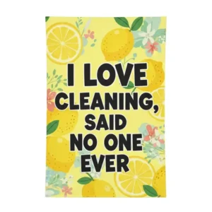 Simple illustration of a funny kitchen towel displaying a sarcastic and humorous phrase in bold lettering.