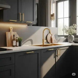 Visual representation of a kitchen cabinet upgrade, showcasing how new gold kitchen cabinet handles transform the look of existing cabinetry.