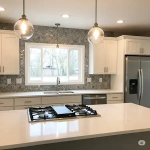 Before and after view of a kitchen renovation, showcasing the dramatic improvement brought by a new grey mosaic tile backsplash.