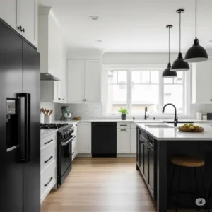 "Cohesive kitchen design featuring matte black appliances, complemented by matching matte black kitchen hardware on cabinetry."