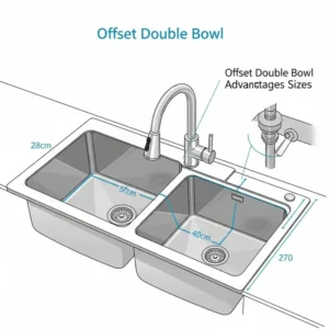  Illustration depicting an offset double bowl kitchen sink, offering varied basin sizes for versatile use.