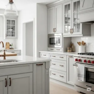Bright kitchen featuring oil rubbed bronze hardware on light gray kitchen cabinets, adding warmth and definition to the space.