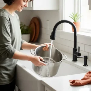 Person comfortably washing a large cooking pot in a spacious one bowl kitchen sinks, emphasizing its practical depth.