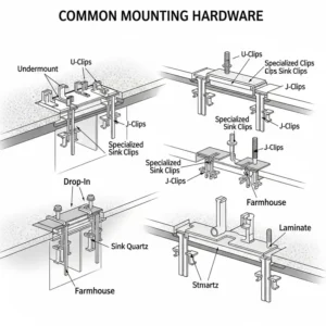 Diagram showcasing common mounting hardware and clips used to secure various types of parts of a kitchen sink to countertops.