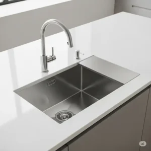 Sleek undermount kitchen sink with drainboard, showcasing a seamless countertop integration.