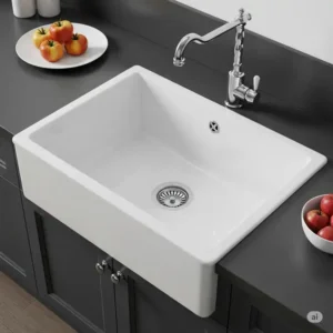 Elegant kitchen sink white porcelain, known for its smooth finish and classic aesthetic, a timeless choice.