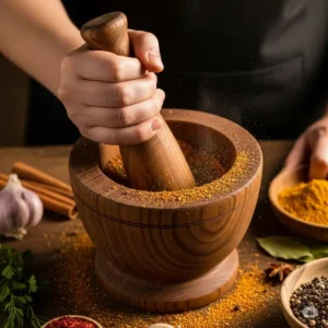  A sturdy wooden mortar and pestle being used to grind fresh spices, showcasing its traditional design and effectiveness for preparing ingredients, a classic among wooden kitchen gadgets.