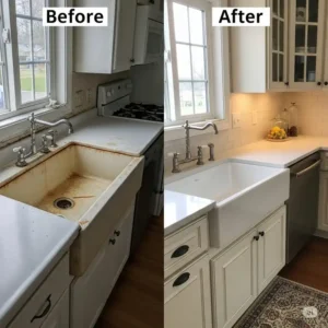 Before and after illustration demonstrating the transformative impact of installing a new 30 kitchen sink during a kitchen renovation.