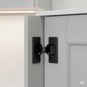 Detailed view of durable black hinges on a kitchen cabinet door, emphasizing the quality and finish of the black kitchen hardware.