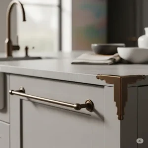 "Close-up of a kitchen island featuring bronze hardware accents, including a small towel bar and decorative corner pieces, showing how bronze can be integrated subtly."