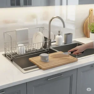 Illustration showcasing common accessories for a double bowl kitchen sink, such as drying racks and cutting boards.
